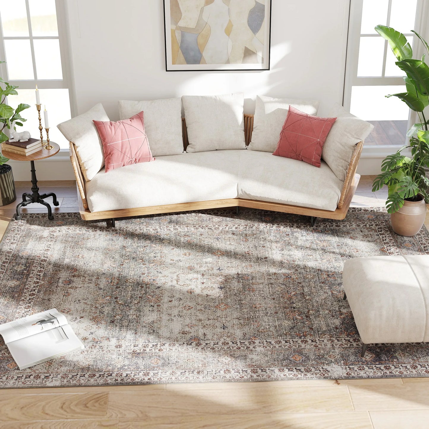 Area Rug 8x10, Machine Washable Rug, Non-Slip Traditional Floor Cover Foldable Carpet, Dark Mixed-Brown