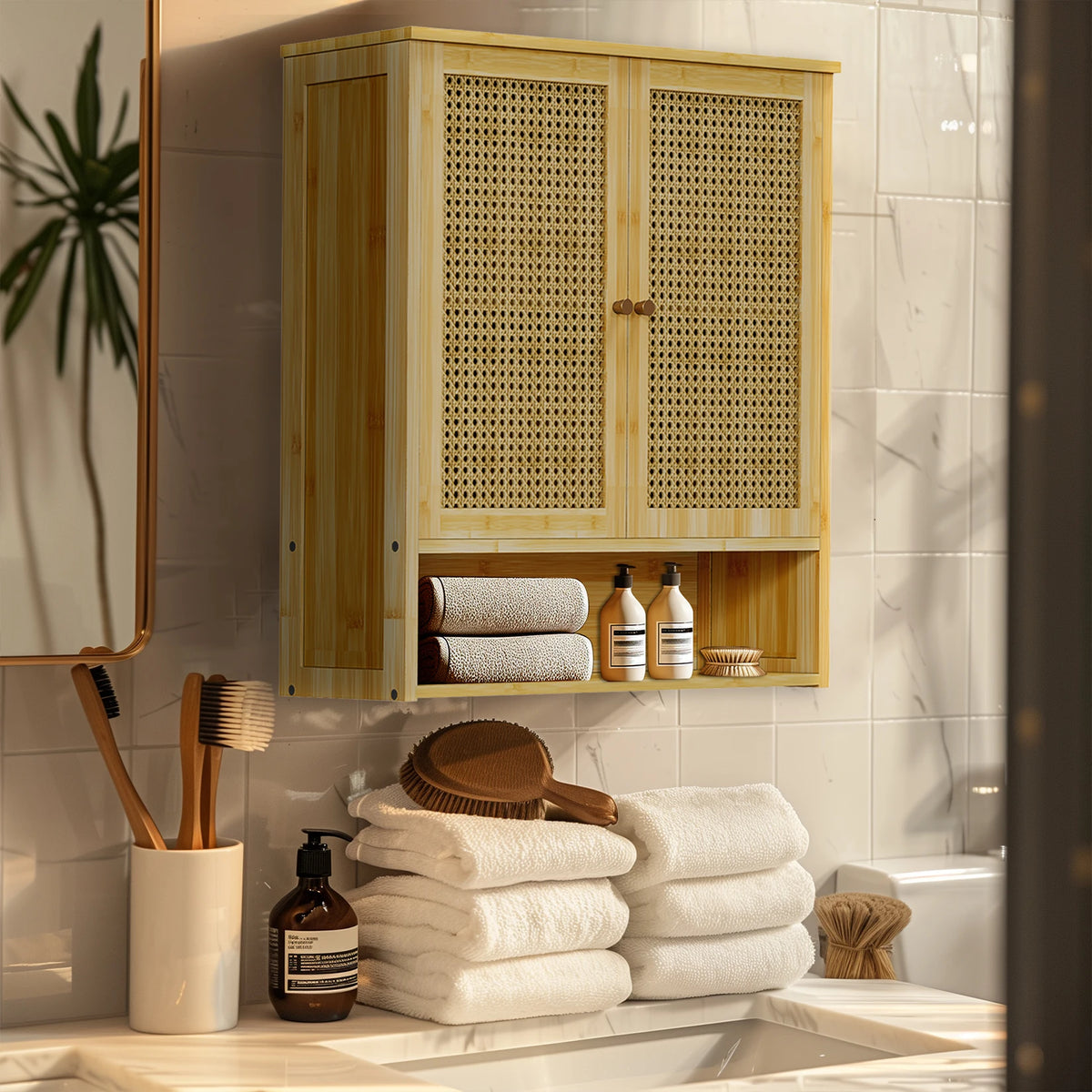 Bamboo Bathroom Wall Cabinet, Over the Toilet, Kitchen Storage, Solid Wood, 3 Shelves, 2 Doors