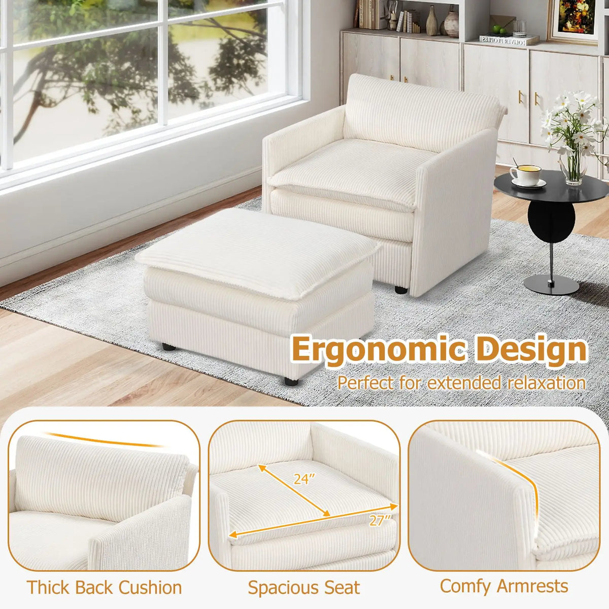 Oversized Accent Chair And Ottoman With Soft Corduroy Cushions