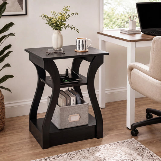 JHK Curved Charging Station Cabinet With Wooden Storage Shelf