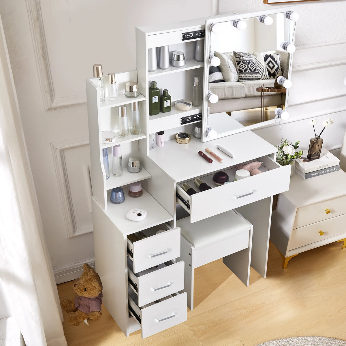 Yamissi LED Vanity Desk With Sliding Mirror And Four Drawers