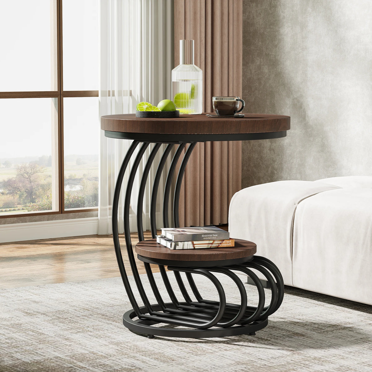 Tribesigns Gold Round End Table: 2 Tiers Faux Marble Side Table with Storage Shelf, Modern White Gold Bedside Nightstand