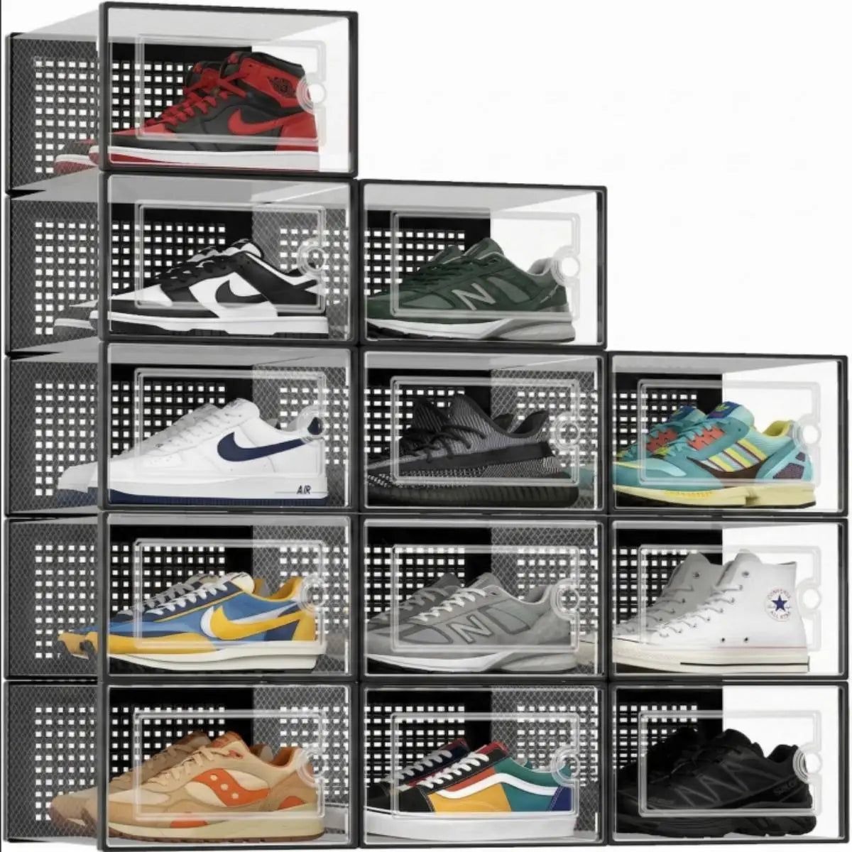 12 Pack Stackable Clear Plastic Shoe Storage Boxes with Front Door, Foldable Shoe Organizer Containers, Dust-Proof Transparent Shoe Drawer Bins for Closet Bedroom Sneaker Boots Storage