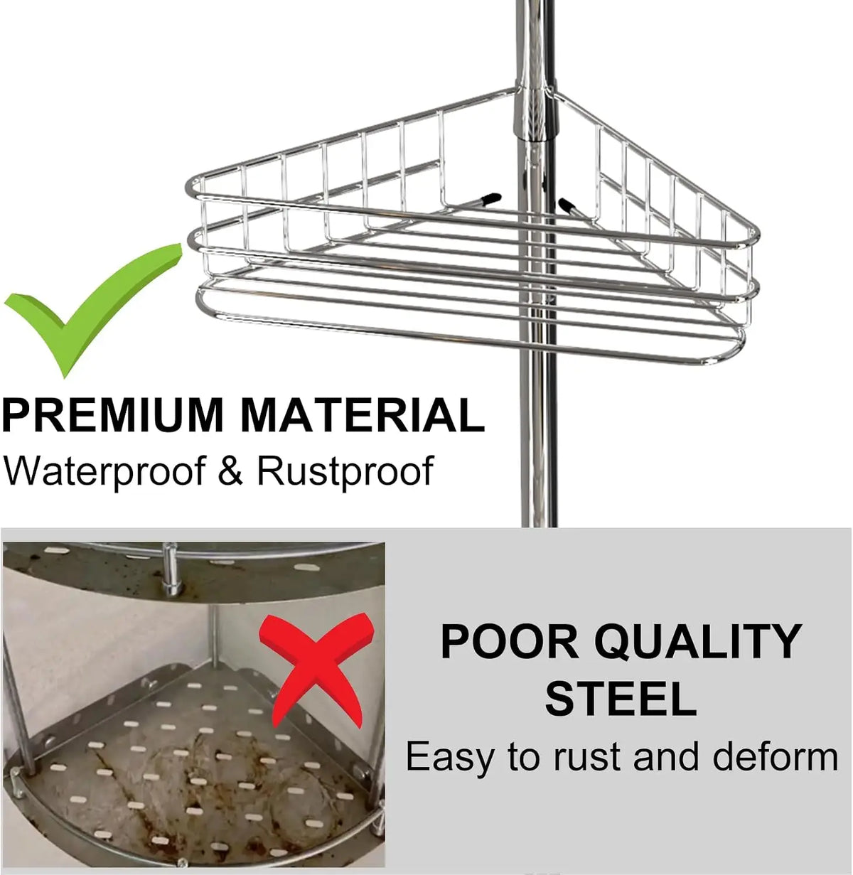 Bathroom Corner Shower Tension Pole Rust Proof Telescopic Rod Four-Layer 4 Tier Storage Rack Shower Organizer Stainless Steel Decor Shelf