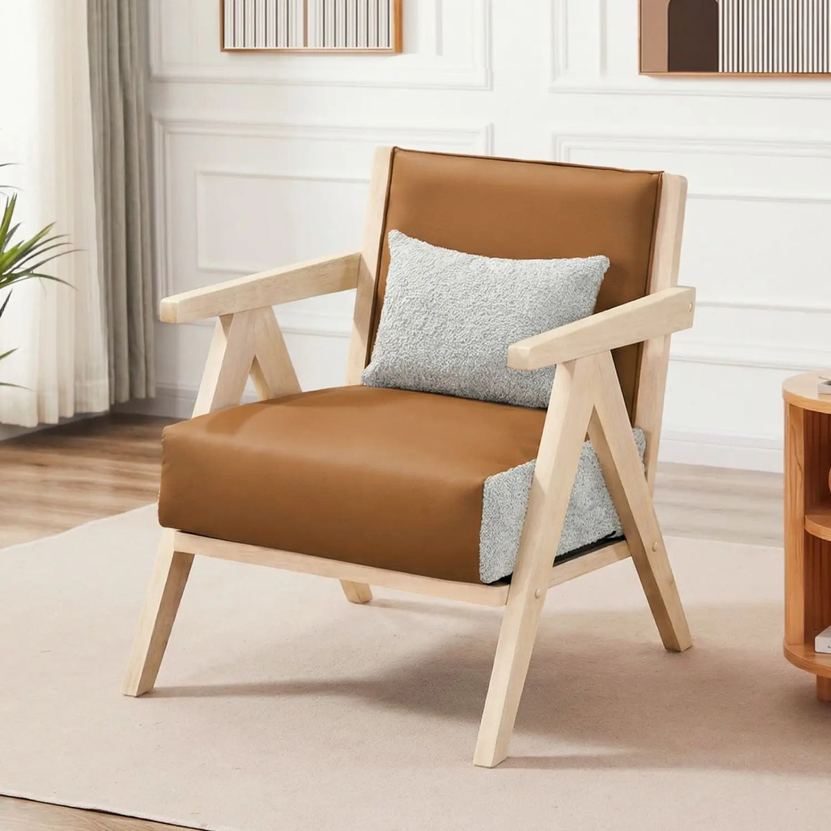 Mid Century Modern Faux Leather Chair With Rubber Wood Frame