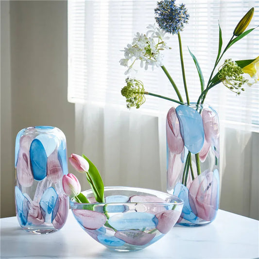 Modern light luxury transparent light color glass vase hydroponics, home decoration ornament, living room dining room soft vase