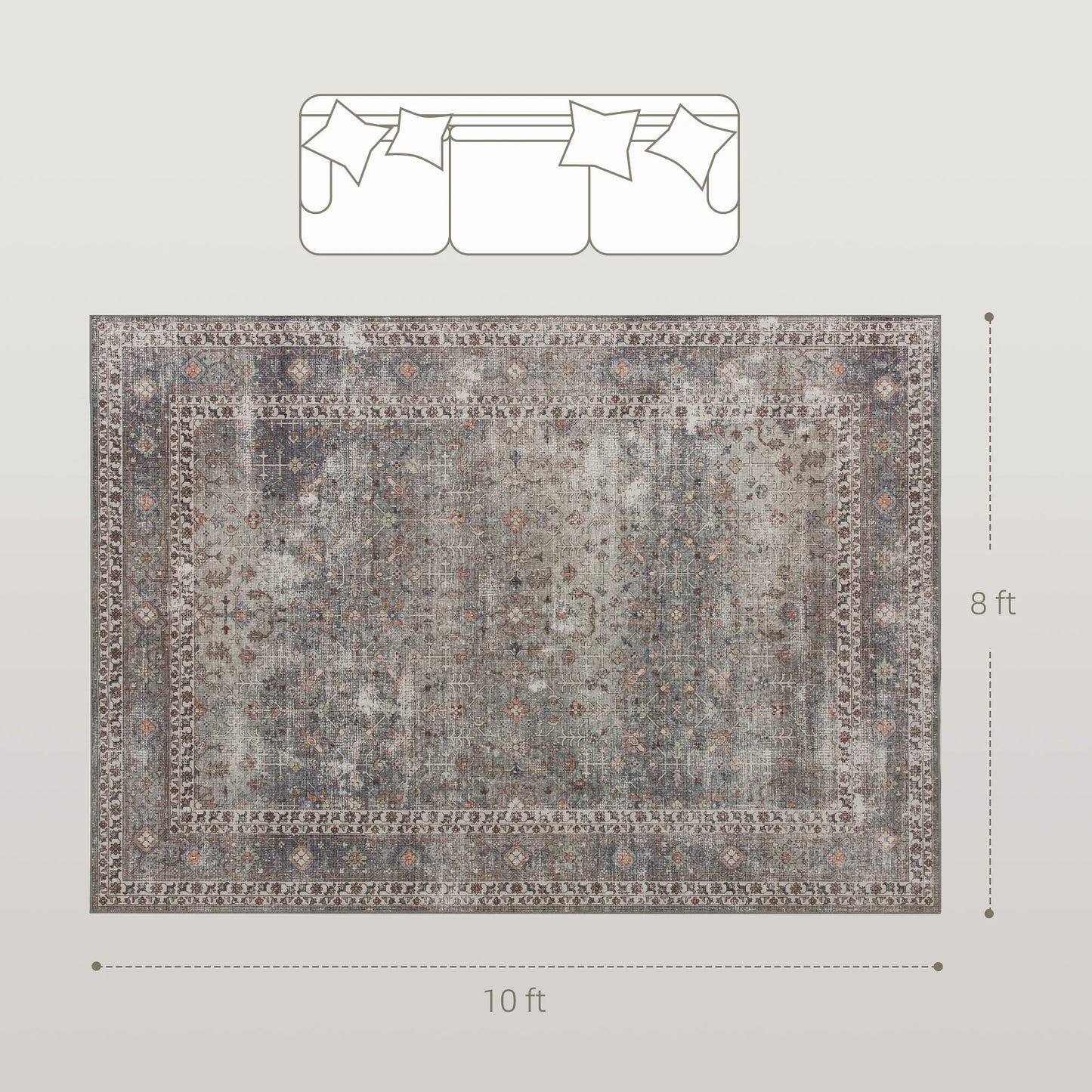 Area Rug 8x10, Machine Washable Rug, Non-Slip Traditional Floor Cover Foldable Carpet, Dark Mixed-Brown