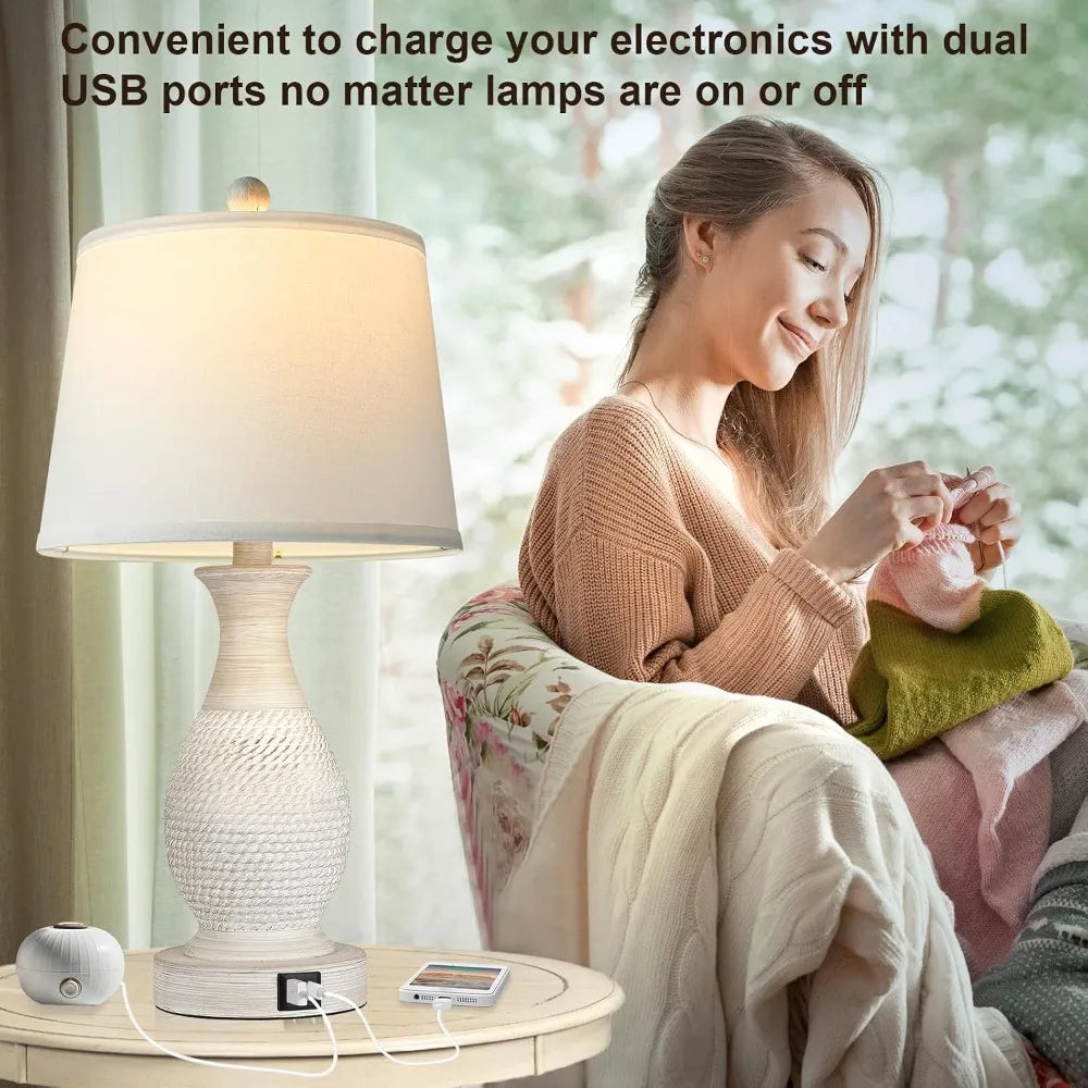 Set of 2 Touch Table Lamps with USB Charging, Dimmable, White Fabric Shade, LED Bulbs Included
