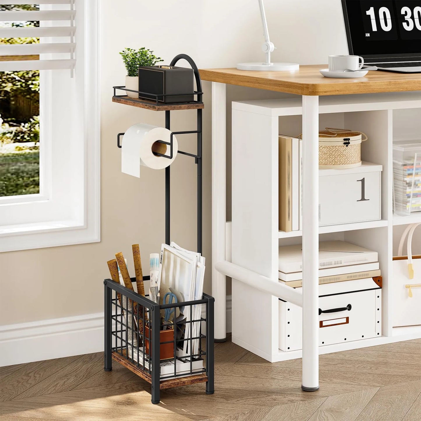 Freestanding 3-Tier Bathroom Toilet Paper Holder with Shelf and Basket