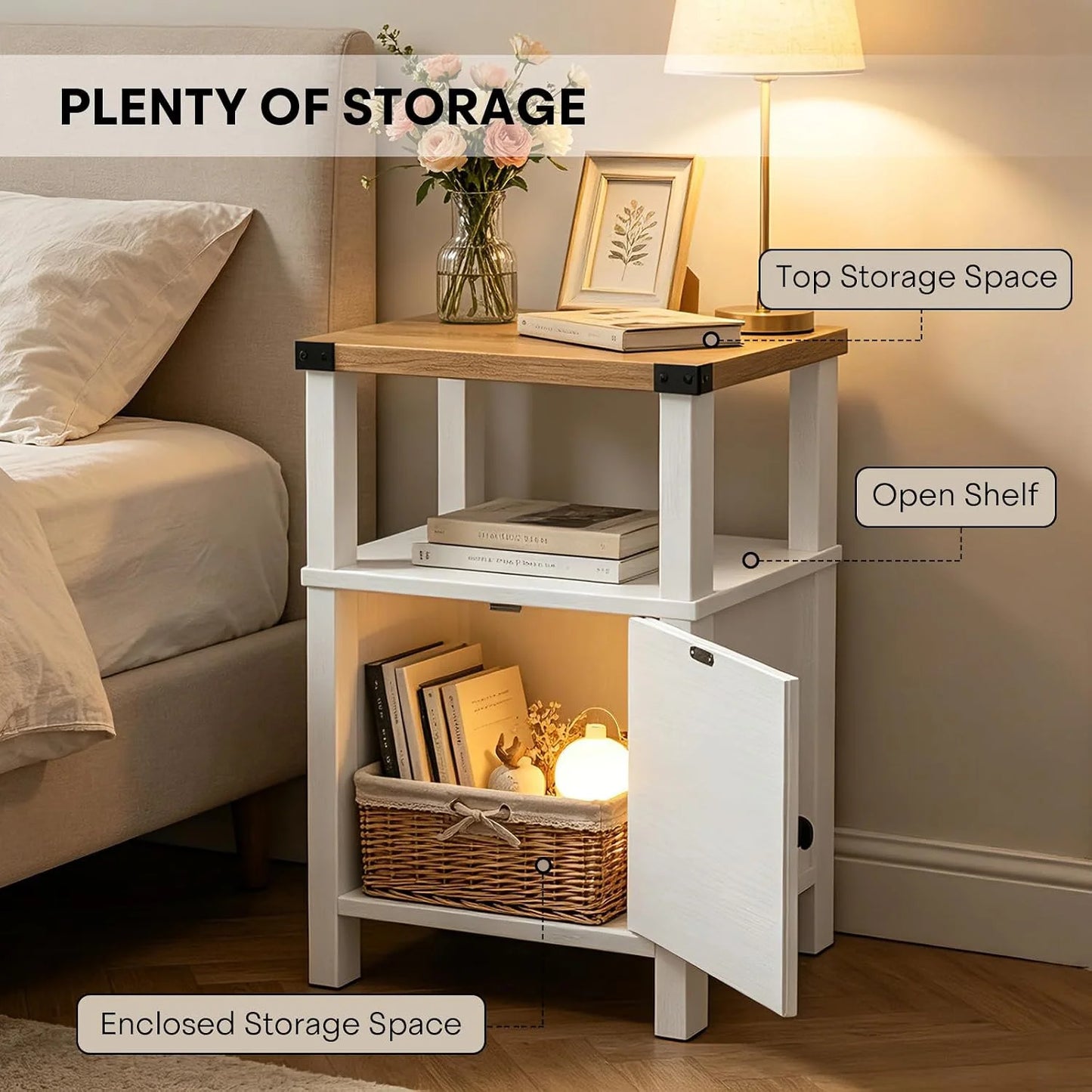 24.8"Farmhouse Nightstand Set 2, Wood Bedside Table with Barn Door Storage for Bedroom Living Room, White/Beige