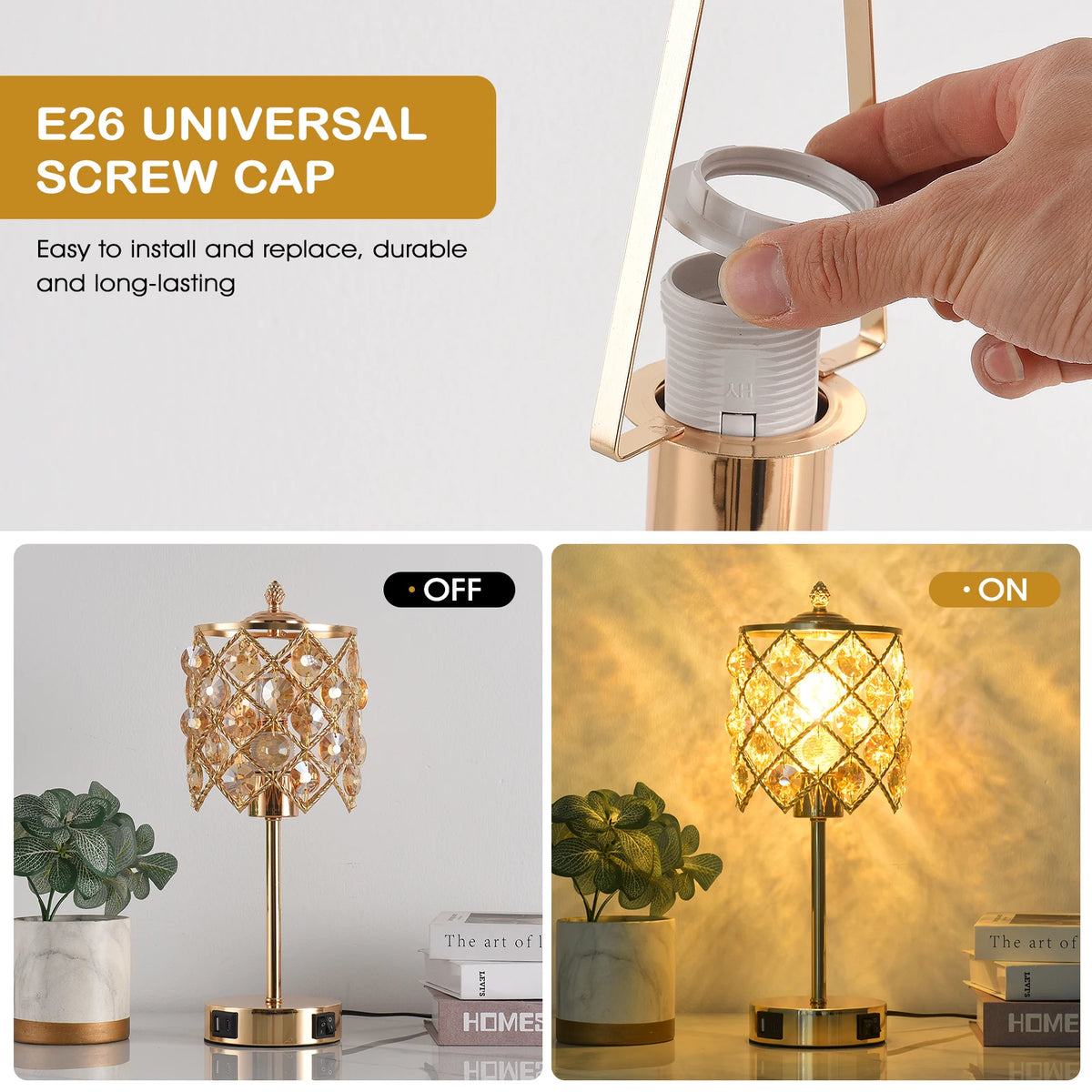 Luxury Gold Crystal Table Lamp with USB Charging Port & AC Outlet, Diamond Grid Crystal Lampshade Metal Bedside Nightstand Lamp, Elegant Decor Desk Lamp for Bedroom Living Room Hotel Wedding Home Decor