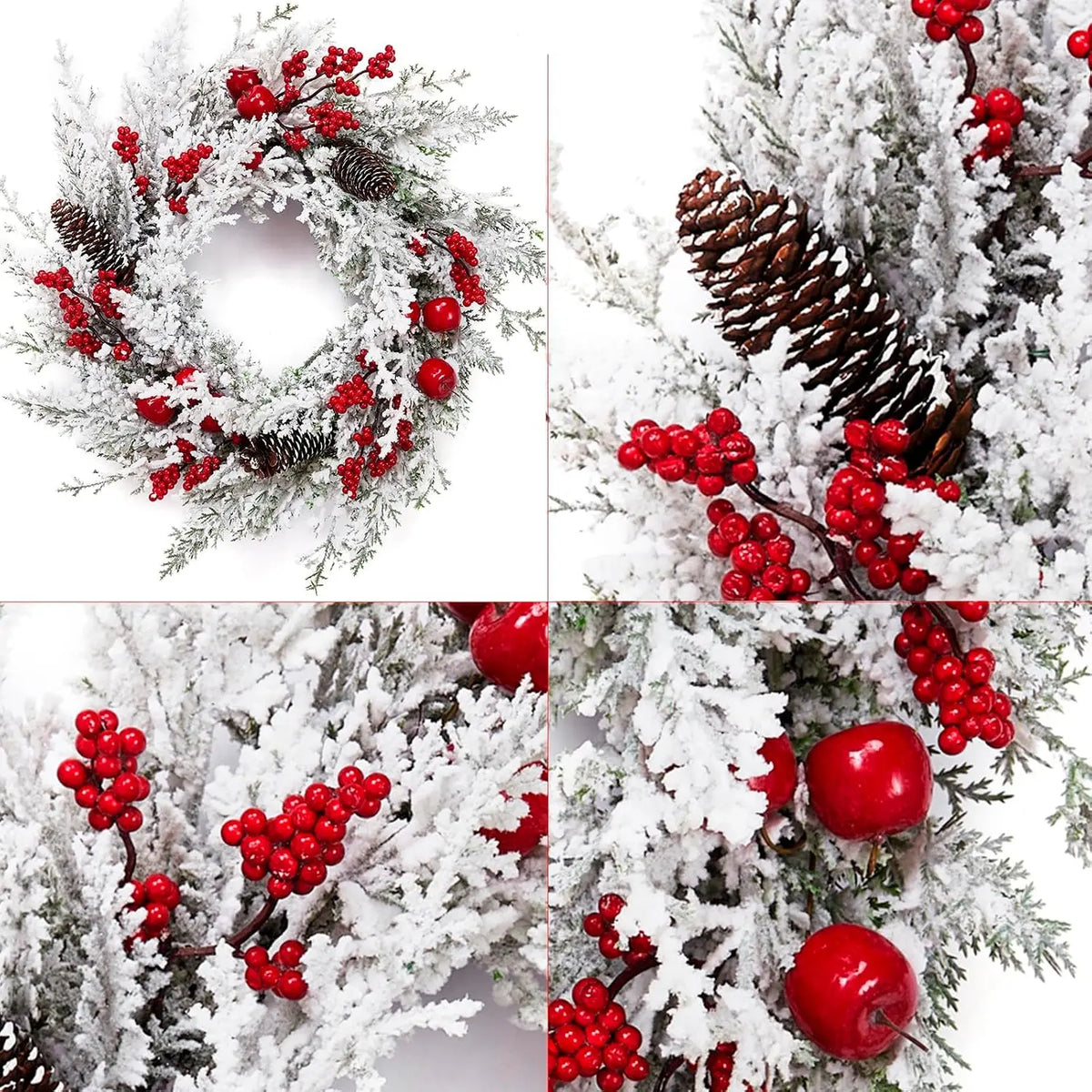 18 Inch Winter Christmas Wreath Snow Flocked Artificial Pine Garland Wreath Red Berries Pinecones Xmas Ornament Window Wall Hanging Decor Christmas Decorations