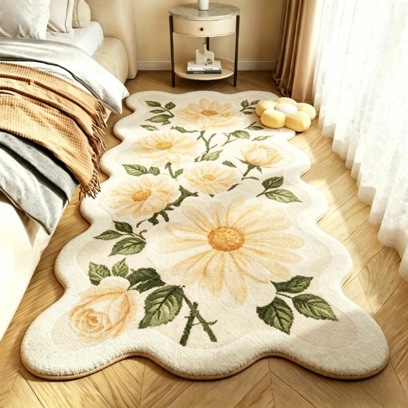 Pastoral Style Carpets for Living Room Pink Flowers Bedroom Decor Carpet Irregular Bedside Plush Rug Fluffy Soft Home Floor Mat