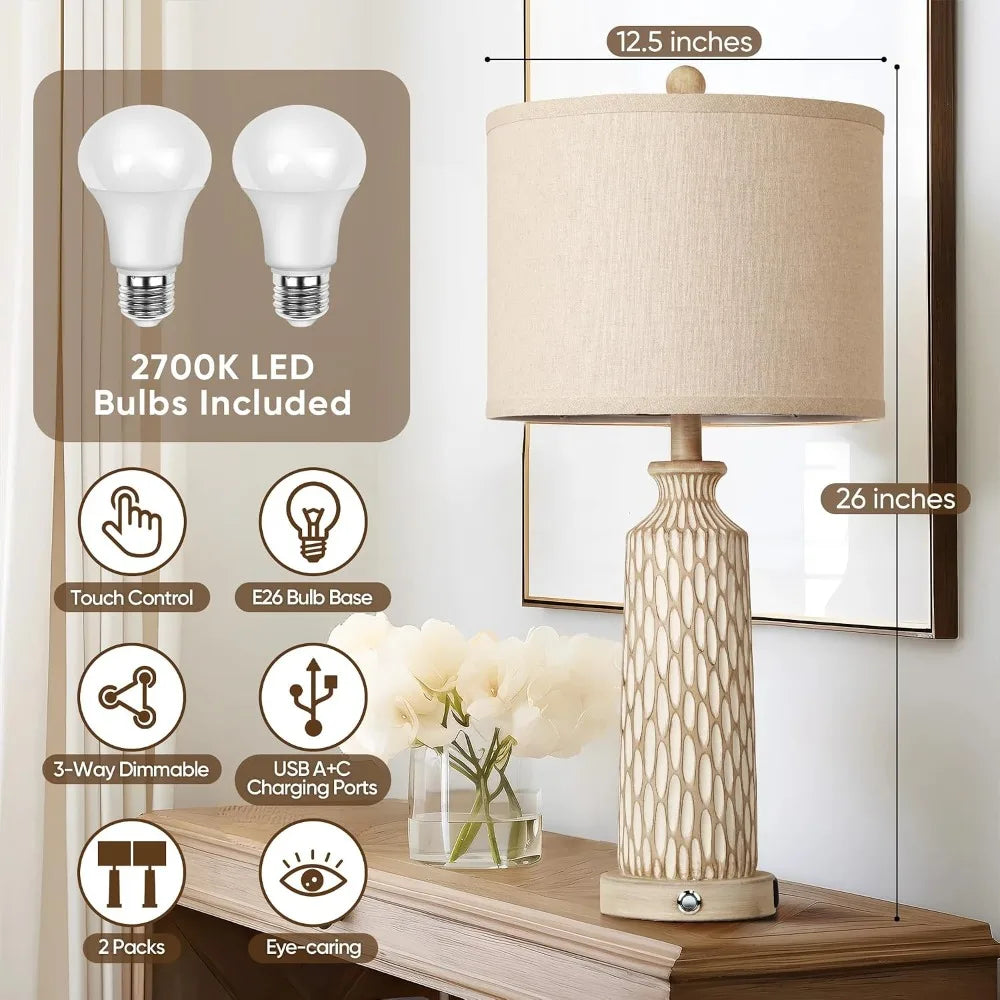 Farmhouse Table Lamp Set With USB Charging And Touch Dimming