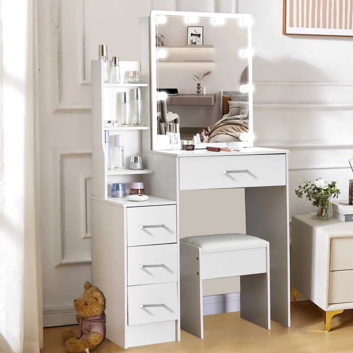 Yamissi LED Vanity Desk With Sliding Mirror And Four Drawers