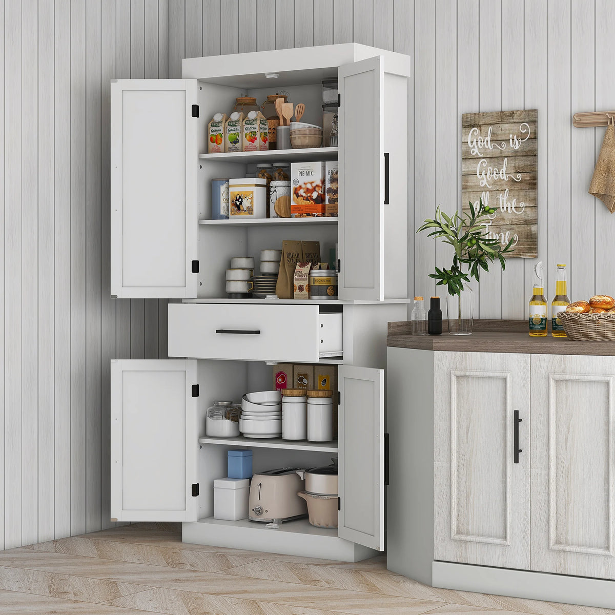 HOMCOM Kitchen Pantry Storage Cabinet With Barn Doors And Drawer