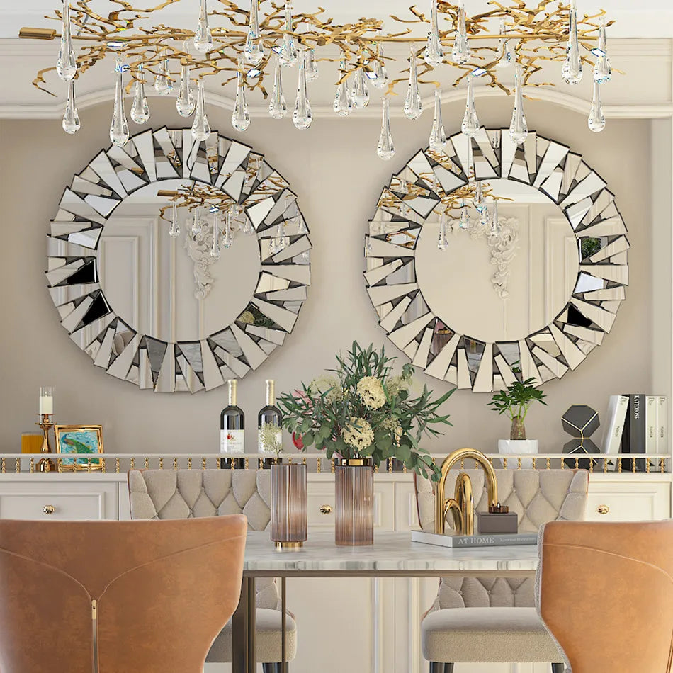 LUVODI Large round Wall Mirror with Silver Starburst Art Design for Living Dining Bed Meeting Bathroom Decorative