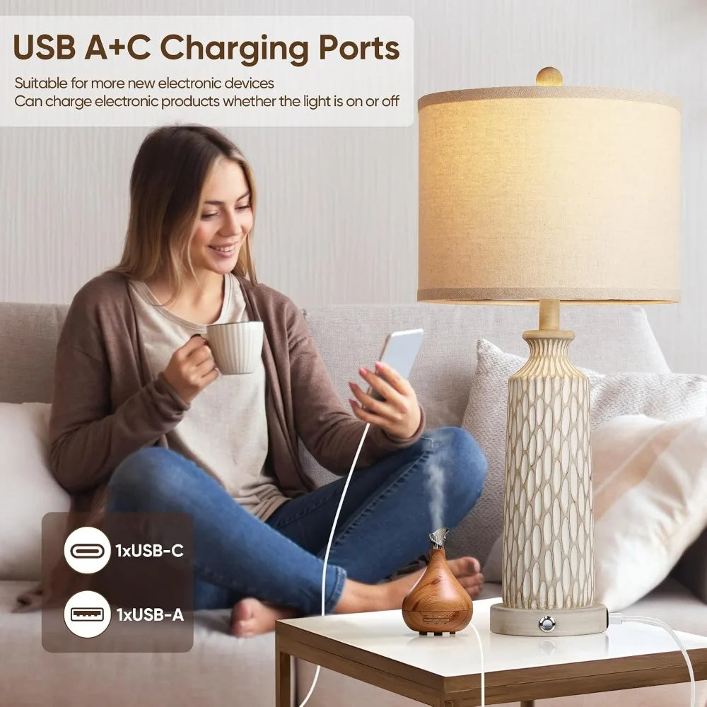 Farmhouse Table Lamp Set With USB Charging And Touch Dimming