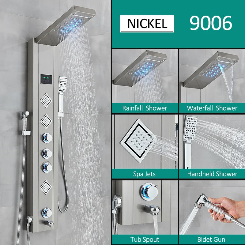 Quyanre Six Function LED Shower Panel With Rainfall Massage Jets