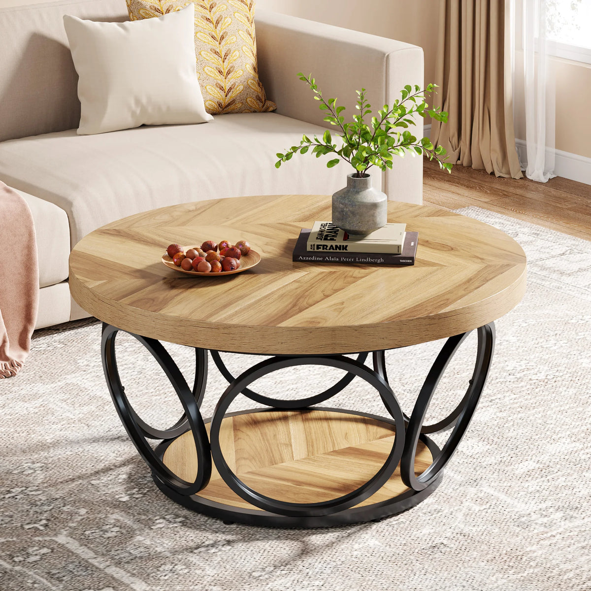 Tribesigns Modern Round Two Tier Coffee Table With Storage Shelves