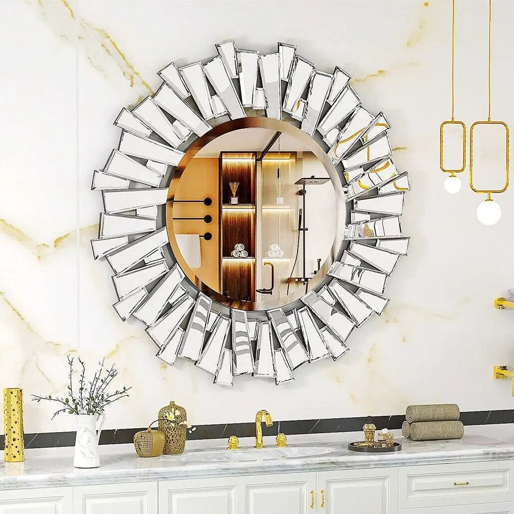 LUVODI Large round Wall Mirror with Silver Starburst Art Design for Living Dining Bed Meeting Bathroom Decorative