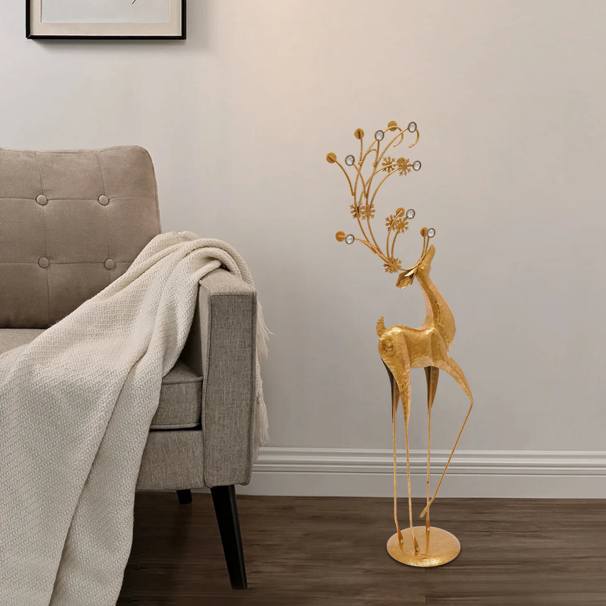 85CM Large Gold Deer Statue, Retro Iron & Plastic Sculpture with Rhinestone Antlers, High-Temperature Baking Paint, Sturdy Freestanding Home Decor Ornament for Living Room, Office, Christmas Gift