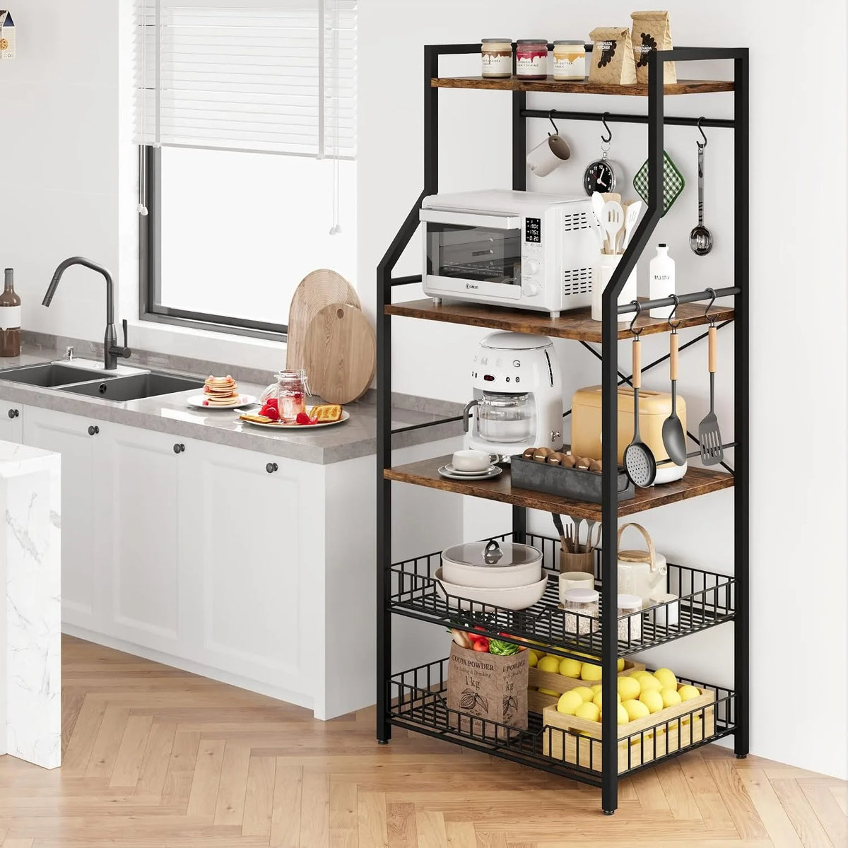 Kitchen Bakers Rack With Microwave Stand Coffee Bar Storage Organizer