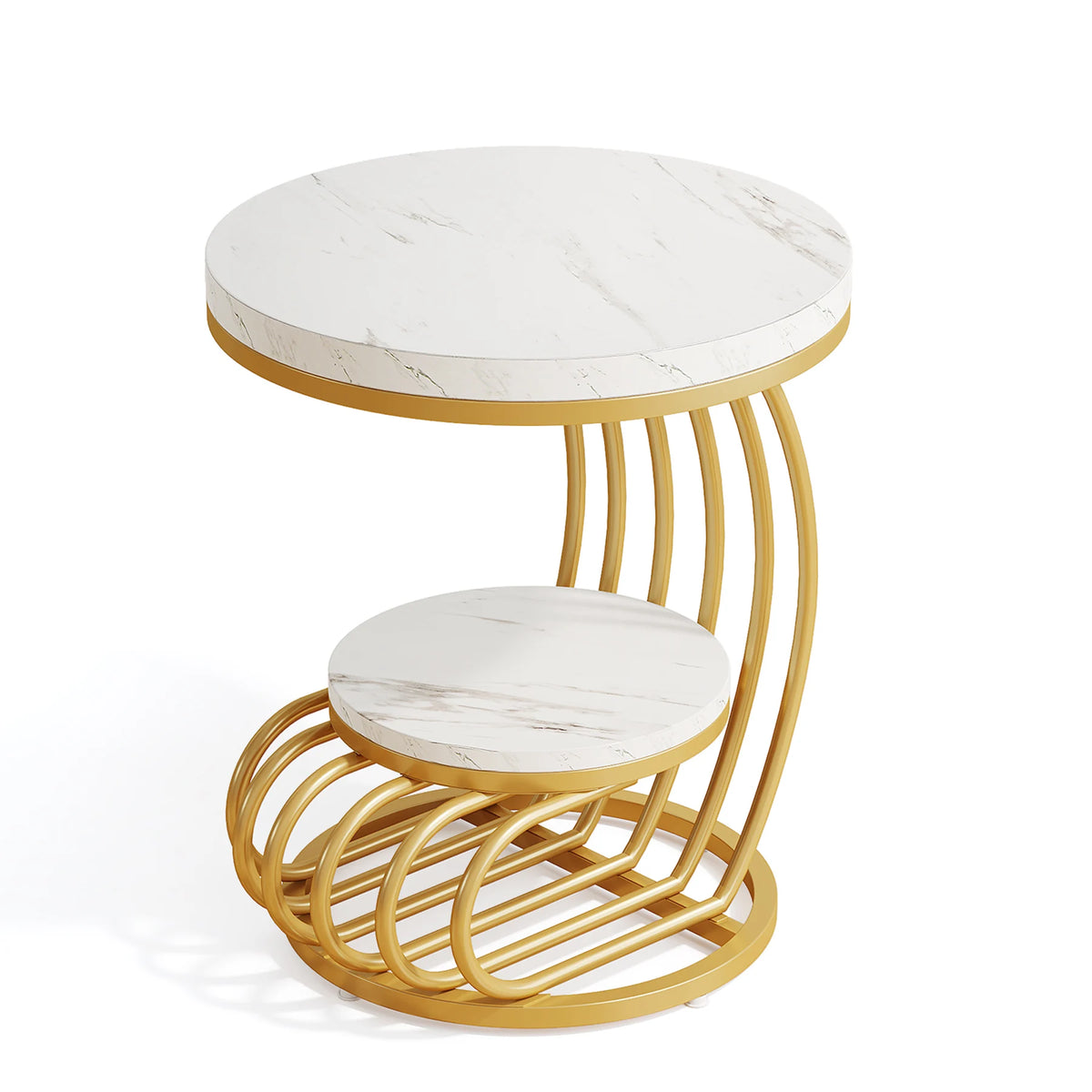 Tribesigns Gold Round End Table: 2 Tiers Faux Marble Side Table with Storage Shelf, Modern White Gold Bedside Nightstand