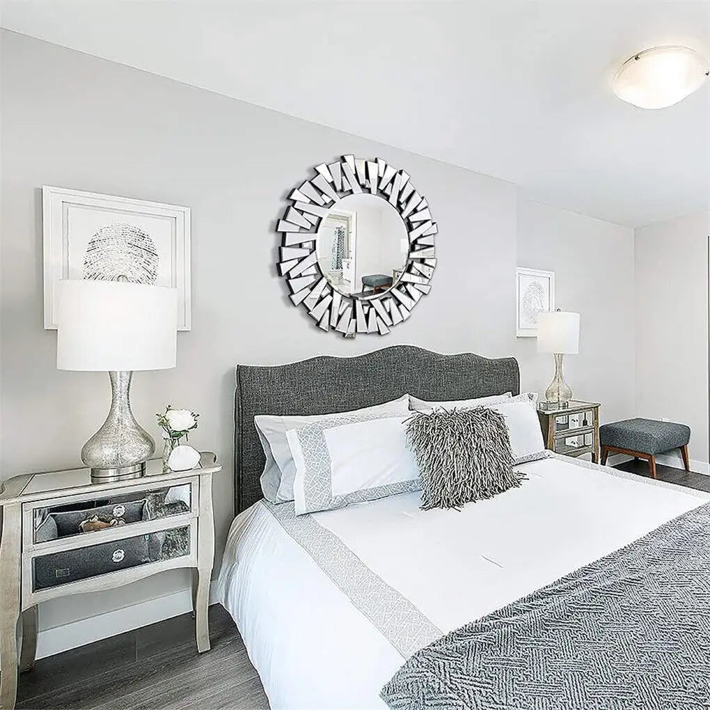 LUVODI Large round Wall Mirror with Silver Starburst Art Design for Living Dining Bed Meeting Bathroom Decorative