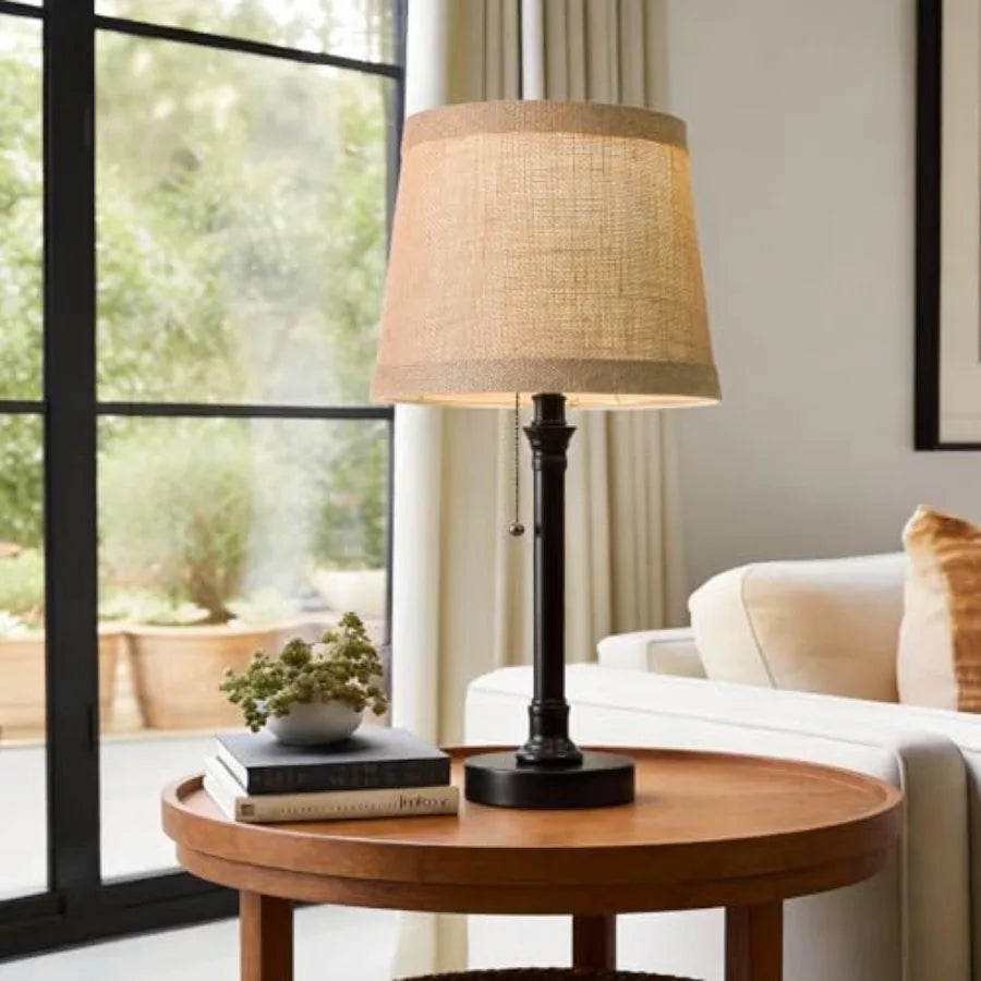 Farmhouse Table Lamp Set With Natural Shades And Pull Chains
