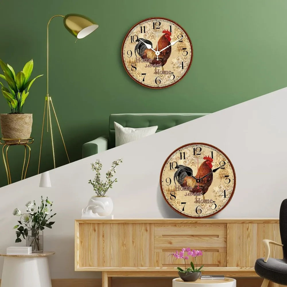 14 Inch Rustic Rooster Wall Clock, Retro Silent Non Ticking, Easy to Read, Battery Operated Decorative Clock for Kitchen Living Room Bedroom Farmhouse