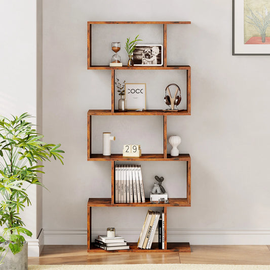 JHK Modern Five Tier Wooden S Shaped Display Bookcase