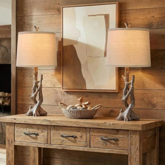 23" Rustic Farmhouse Table Lamp Country Cottage Lamps for Nightstand Tree Trunk Wood Grain Lamp for Bedroom Living Room with Oa
