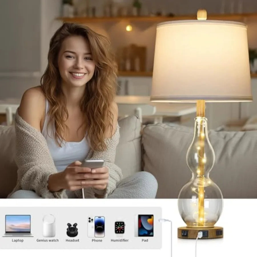 27.5" Glass Table Lamp Set of 2 with Night Light, Bedside Lamps with USB Ports and AC Outlet, Modern Nightstand Lamps Retro Far