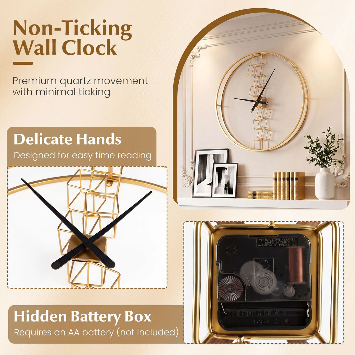 HOMASIS Nordic Style Metal Wall Clock Silent Modern Timepiece