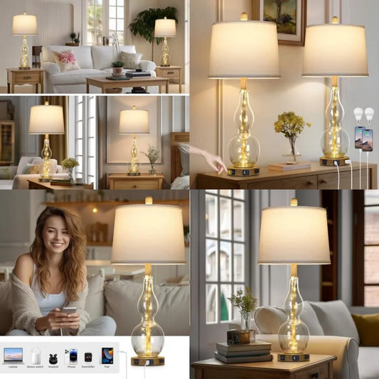 27.5" Glass Table Lamp Set of 2 with Night Light, Bedside Lamps with USB Ports and AC Outlet, Modern Nightstand Lamps Retro Far