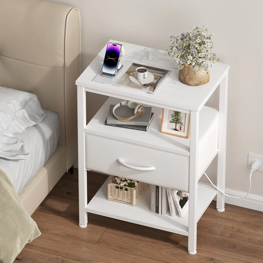 MCQ Nightstand With Fabric Drawer LED Lighting And Charging Station