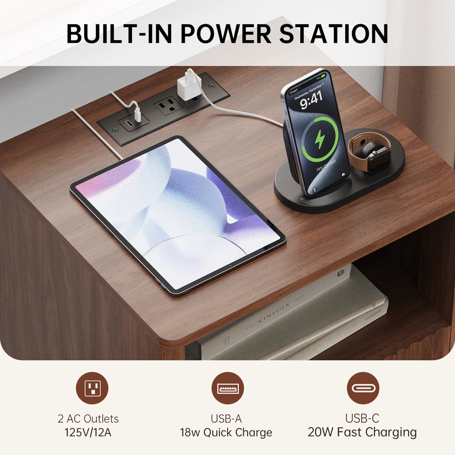 TinyNest Fluted Wood Nightstand With Charging Station And Storage