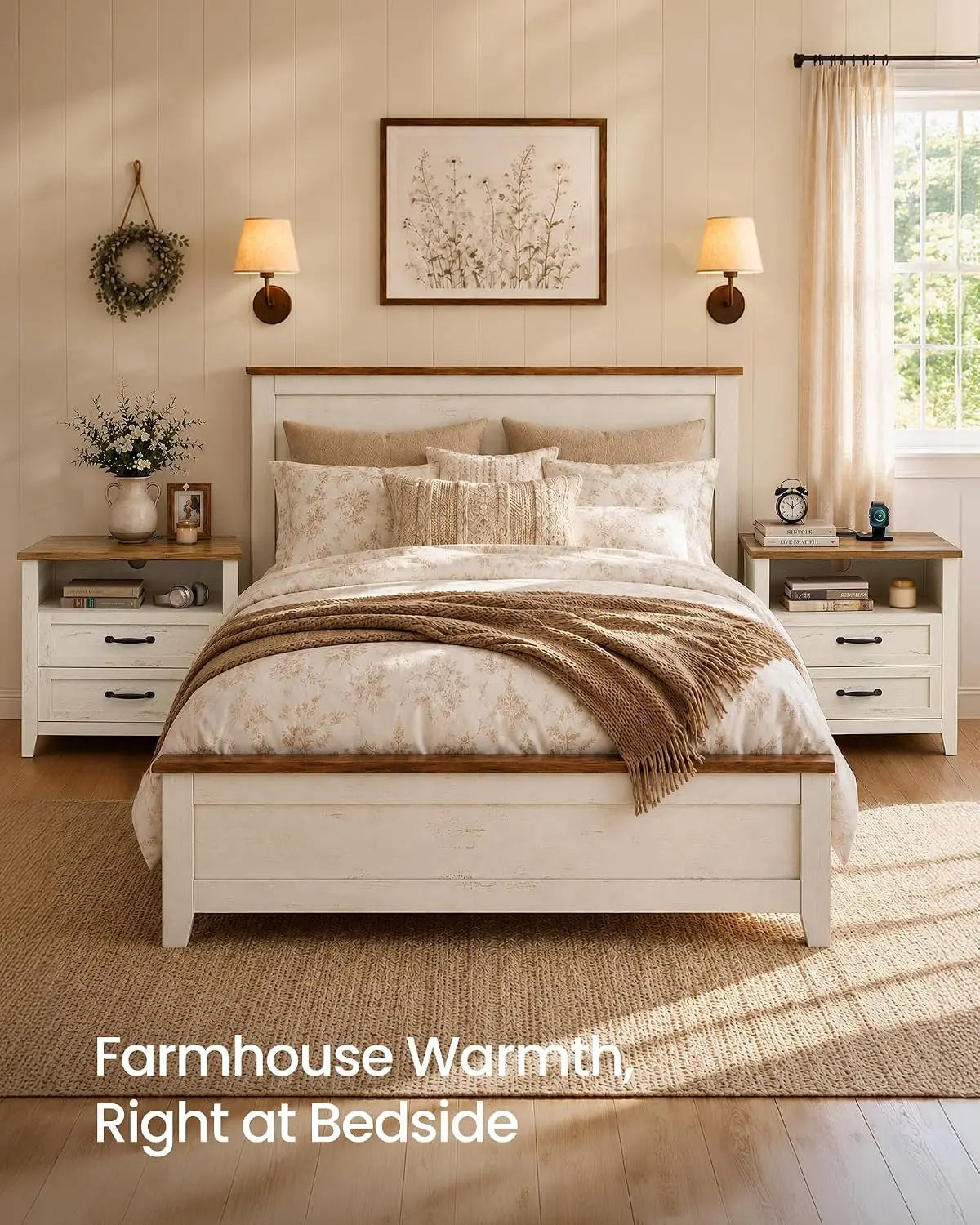Novilla Farmhouse Nightstand Set With Charging Station And Two Drawers