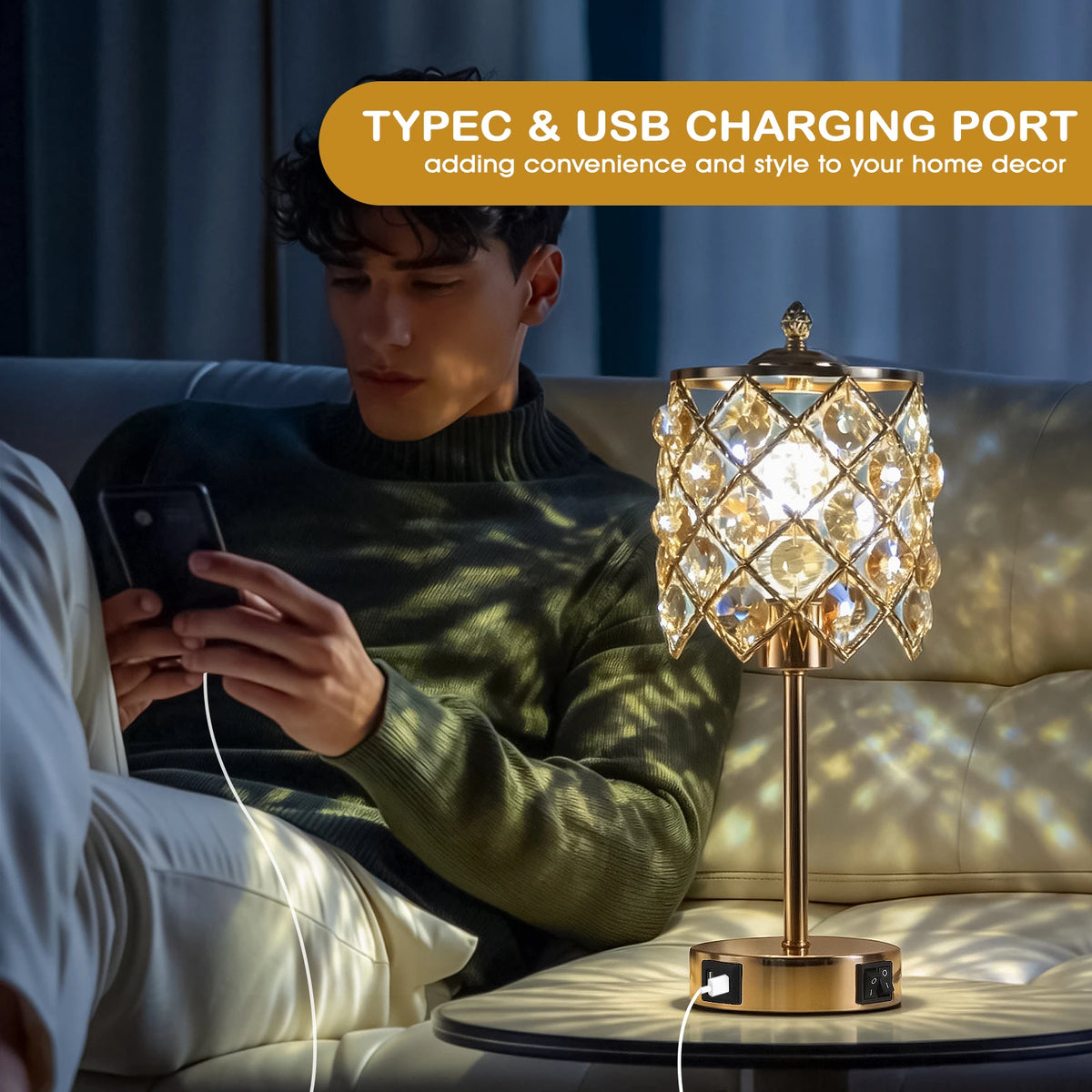 Luxury Gold Crystal Table Lamp with USB Charging Port & AC Outlet, Diamond Grid Crystal Lampshade Metal Bedside Nightstand Lamp, Elegant Decor Desk Lamp for Bedroom Living Room Hotel Wedding Home Decor