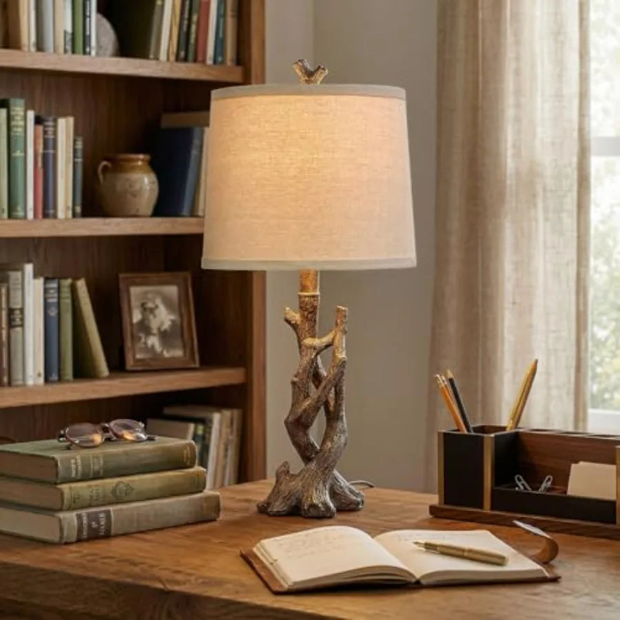 23" Rustic Farmhouse Table Lamp Country Cottage Lamps for Nightstand Tree Trunk Wood Grain Lamp for Bedroom Living Room with Oa