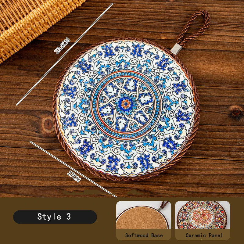 HeMu Bohemian Style Ceramic Pot Holders,Mandala Pattern Heat Resistant Trivets,Hanging Kitchen Coasters with Rope for Hot Dishes