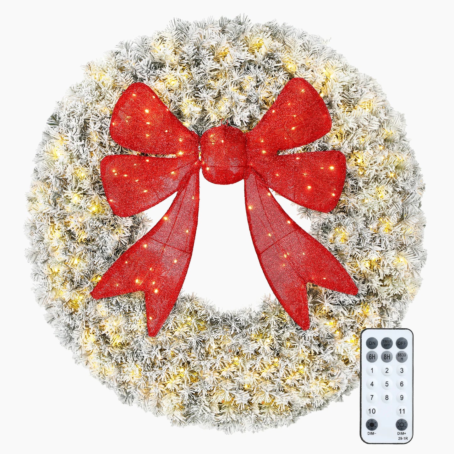 Homcom 48in Flocked Pre-Lit Artificial Christmas Wreath with 3D Red Bow