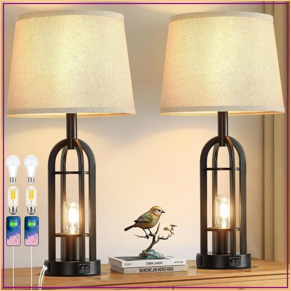 Farmhouse Table Lamps Set Of Two With Usb Charging Port