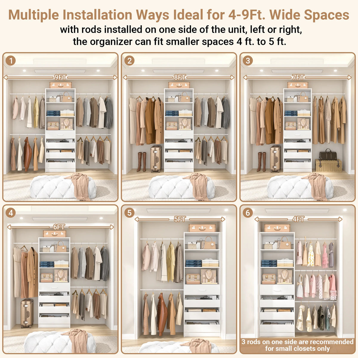Aheaplus Wooden Closet System With Four Drawers Four Hanging Rods