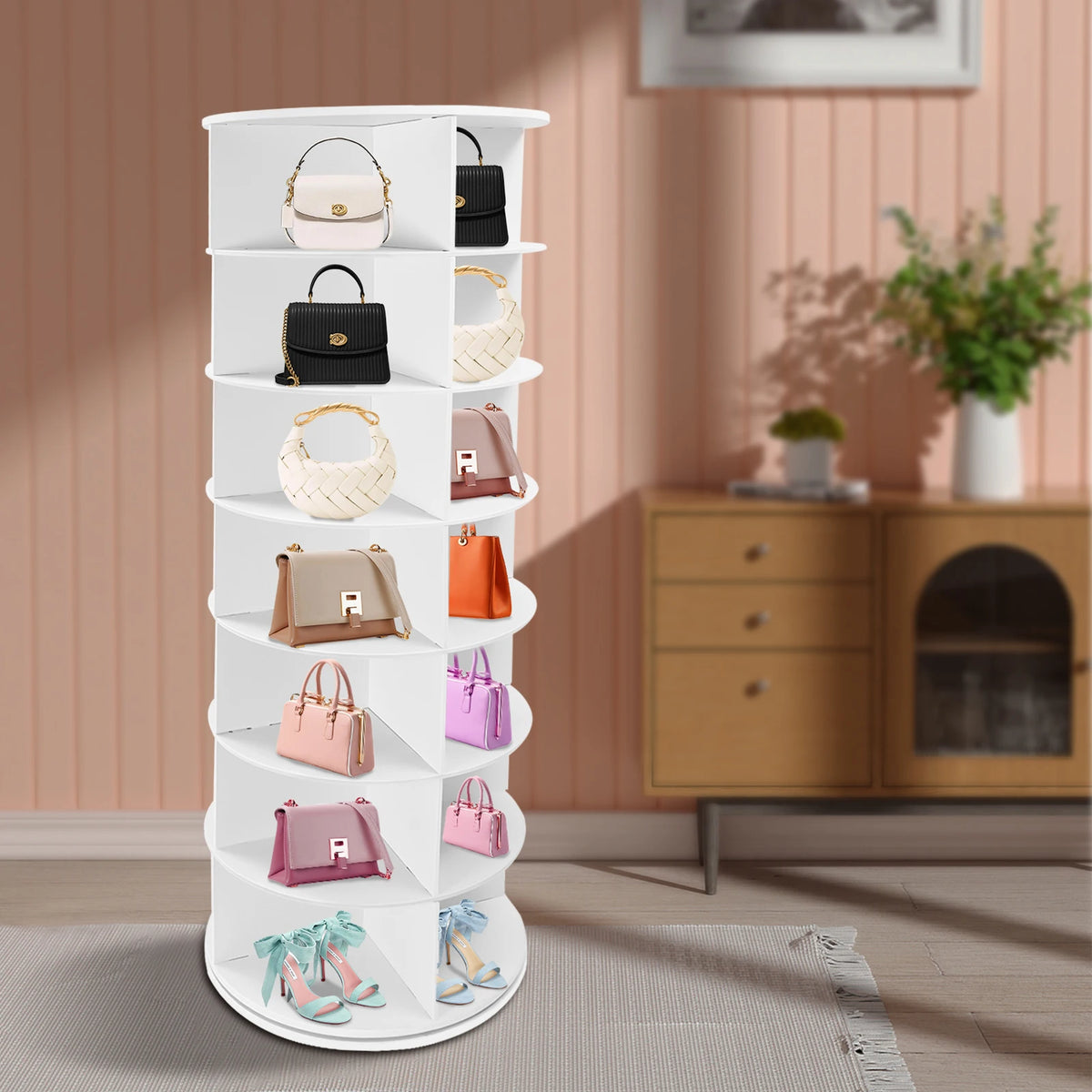 6/7 Tier 360° Rotating Shoe Rack Organizer Multifunctional PVC Sheet Shoe Rack Home Space Saving Corner Tower for Hats Bags Books Holds 24/28 Pairs of Shoes