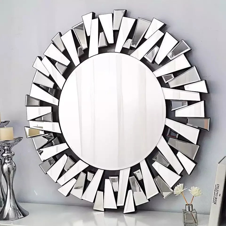 LUVODI Large round Wall Mirror with Silver Starburst Art Design for Living Dining Bed Meeting Bathroom Decorative