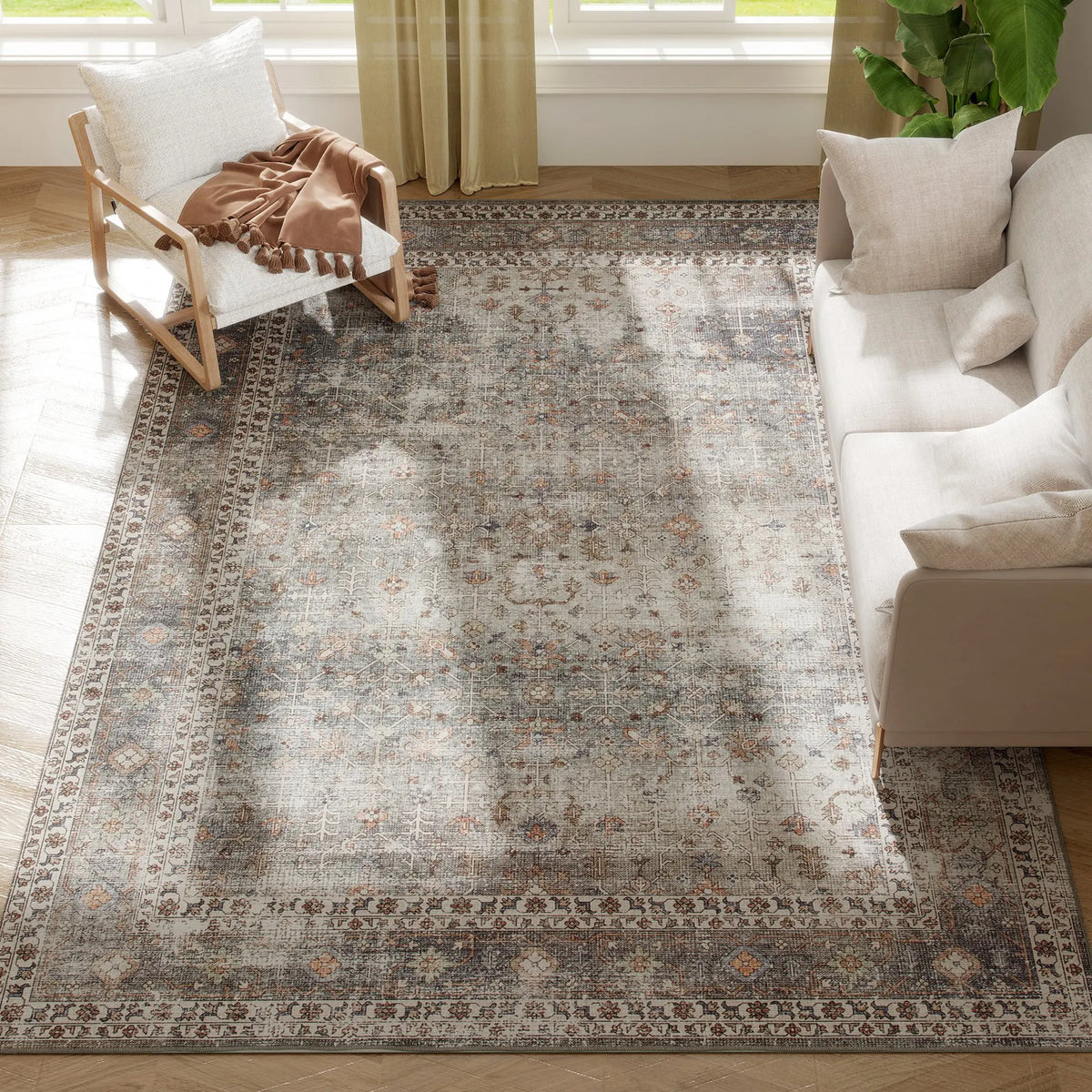 Area Rug 8x10, Machine Washable Rug, Non-Slip Traditional Floor Cover Foldable Carpet, Dark Mixed-Brown