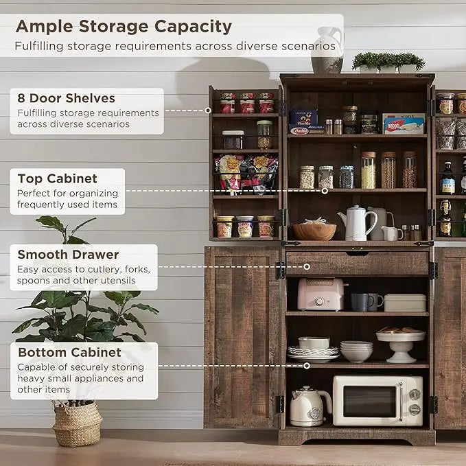 Tall Farmhouse Kitchen Pantry Cabinet, Barn Style Door with Adjustable Shelves, Freestanding Storage Cupboard for Dining Room