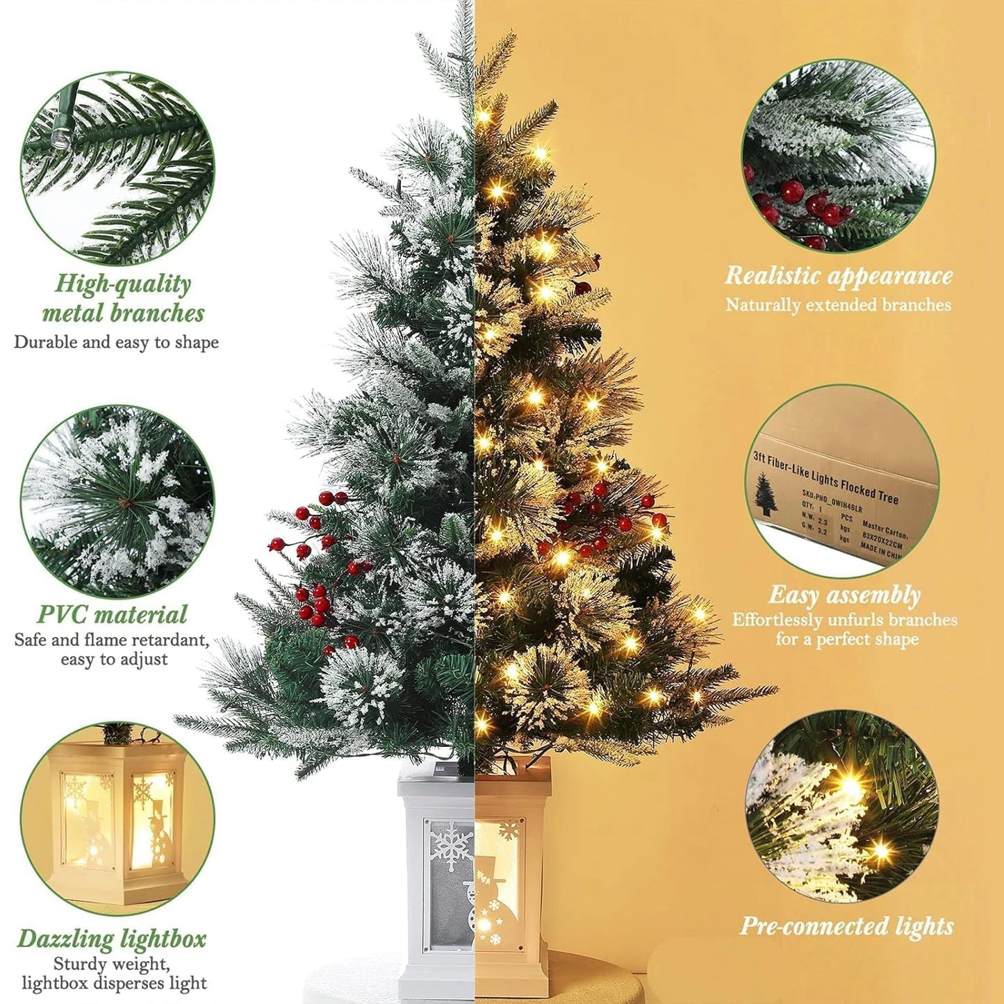 2Pcs Christmas Tree 3 Ft Pre-Lit Artificial Christmas Trees with Potted Base Snow Flocked Small  Tree With 78 Lights 8 Modes